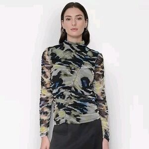 DKNY Women's Top Sz M Printed Mock-Neck Long-Sleeve Ruched Mesh Chic Trendy